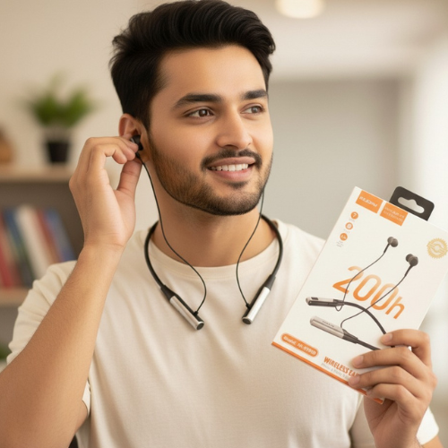 Recrsi Wireless Neckband Bluetooth Earphone RE-NY060 চার্জ ব্যাক আপ ২০০ ঘন্টা।